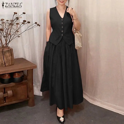 2026 ZANZEA Summer Elegant V Neck Sleeveless Shirt Dress Sets Fashion Women 2 Piece Sets Solid Outfits Stylish OL Work Suit