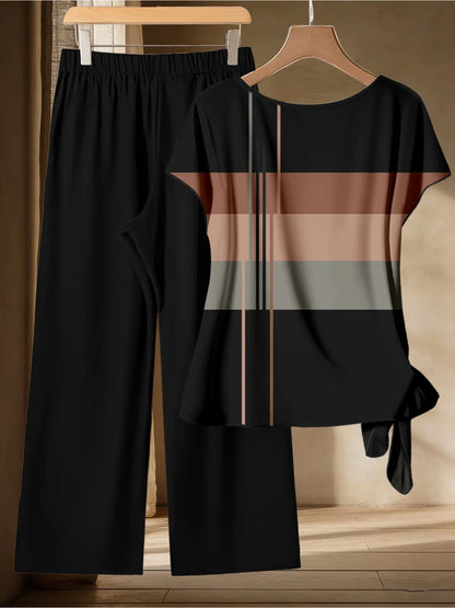 Summer casual women's plus size commuting color set, coffee striped twisted top+hanging black pants two-piece set