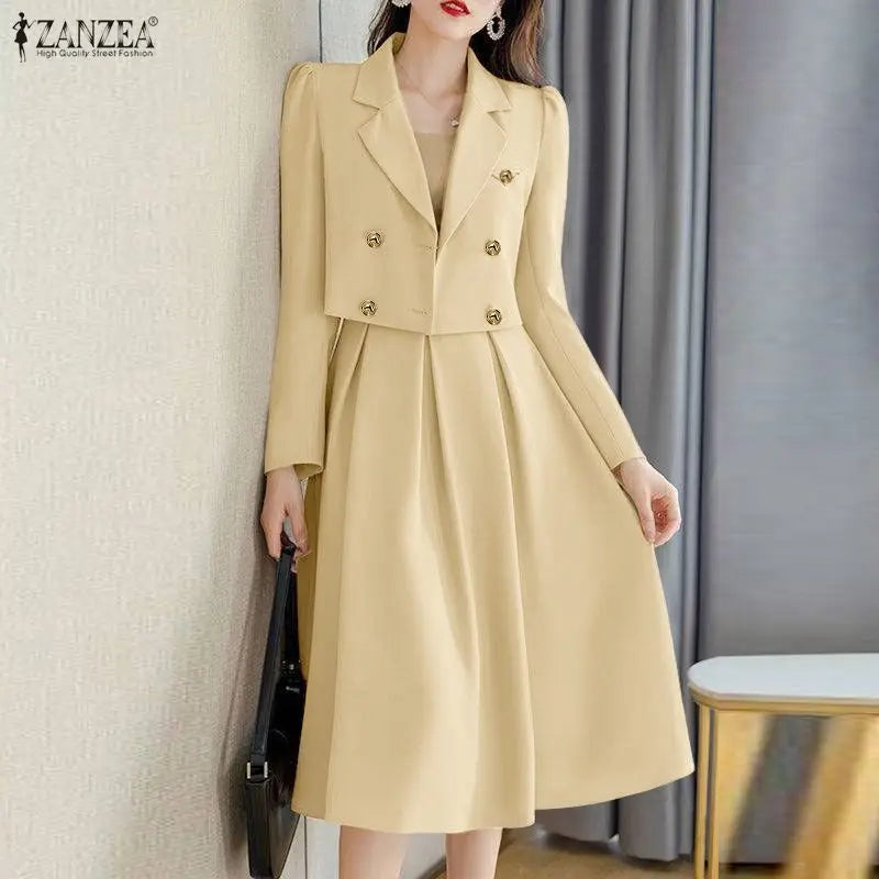 2026 ZANZEA Elegant Women OL Work Dress Sets 2026 Spring Lapel Neck Long Sleeve Shirt Tops Skirt Suit Solid Outfits 2 Piece Sets