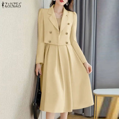 2026 ZANZEA Elegant Women OL Work Dress Sets 2026 Spring Lapel Neck Long Sleeve Shirt Tops Skirt Suit Solid Outfits 2 Piece Sets