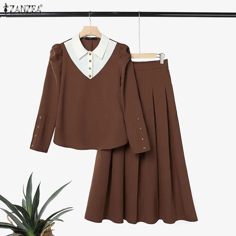 ZANZEA Summer Autumn Women Dress Sets Fashion Long Sleeve Tops Long Skirts Two-piece Outfits Muslim Dress Sets 2PCS Loose Kaftan