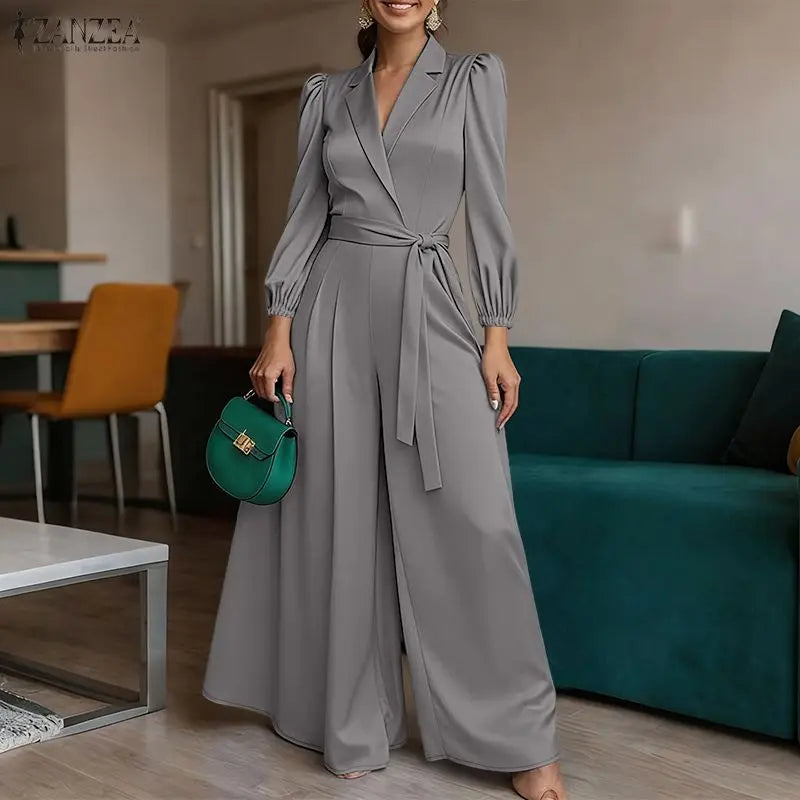 ZANZEA Women's Elegant Chic Jumpsuits Office Lady Lapel Neck Long Sleeve Tie-Waist Wide Leg Pant Overalls Solid Color Playsuits
