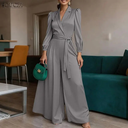 ZANZEA Women's Elegant Chic Jumpsuits Office Lady Lapel Neck Long Sleeve Tie-Waist Wide Leg Pant Overalls Solid Color Playsuits