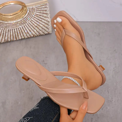 Ladies Square Toe Kitten Heel Sandals Thong Flip Flop Spool Heel Slip on Dress Shoes Elegant Party Summer Fashion Footwear Chic