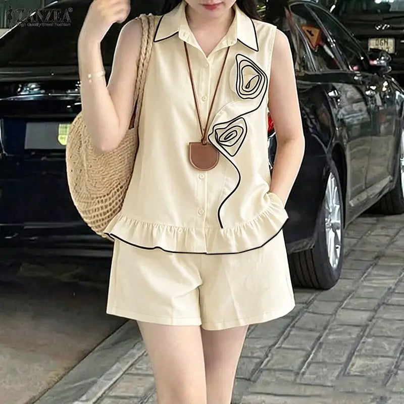 ZANZEA Women Summer 2-Piece Short Sets Fabric Flower Sleeveless Shirts & Elastic Waist Shorts Matching Sets Casual Daily Co-ords