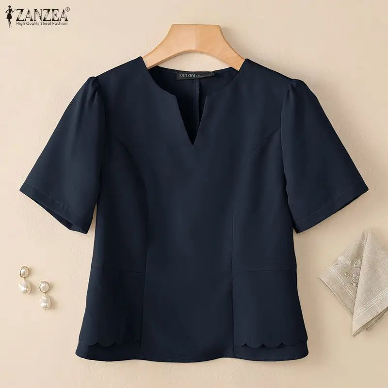 ZANZEA Women Elegant Layered Detail Blouses Summer Short Sleeve V-Neck Cinch Waist Solid Color Tops Day to Night Blusas Mujer
