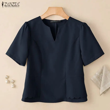 ZANZEA Women Elegant Layered Detail Blouses Summer Short Sleeve V-Neck Cinch Waist Solid Color Tops Day to Night Blusas Mujer