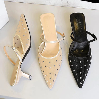 BIGTREE Shoes Pointed Women's Sandals Mesh Rhinestone Kitten Heels Breathable Hollow Out Middle Heel Sandals Buckle Slippers