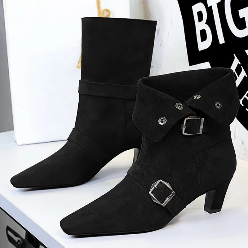 BIGTREE Shoes New Belt Buckle Design Women Boots Suede Retro Women's Ankle Boots Square Head Short Boots Middle Heel Boots