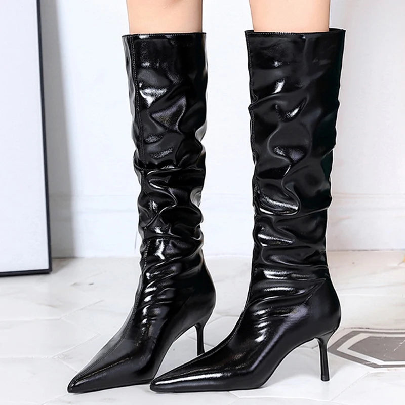Autumn Winter Shoes Knee-high Boots Women Patent Leather Ladies' Boots Stiletto Heels 5.5 cm Women Wrinkled Tube Long Boots New