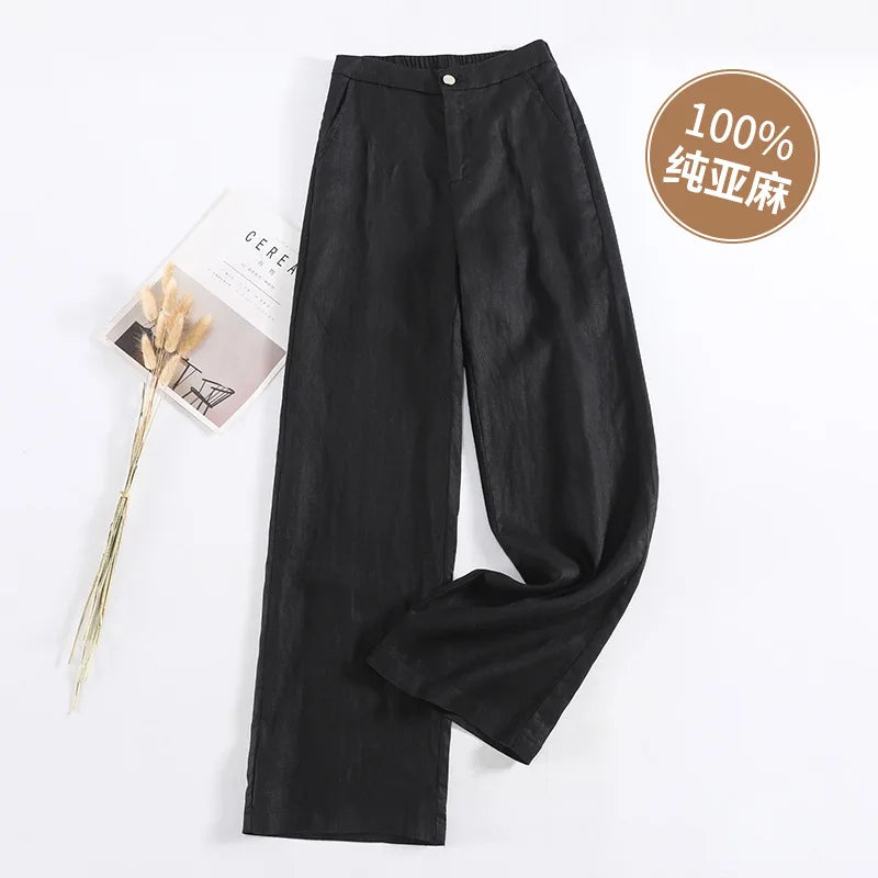 Women's 100% Pure Linen Wide-Leg Pants Loose Drape Ankle Length Summer Thin Straight-Cut Casual Trousers