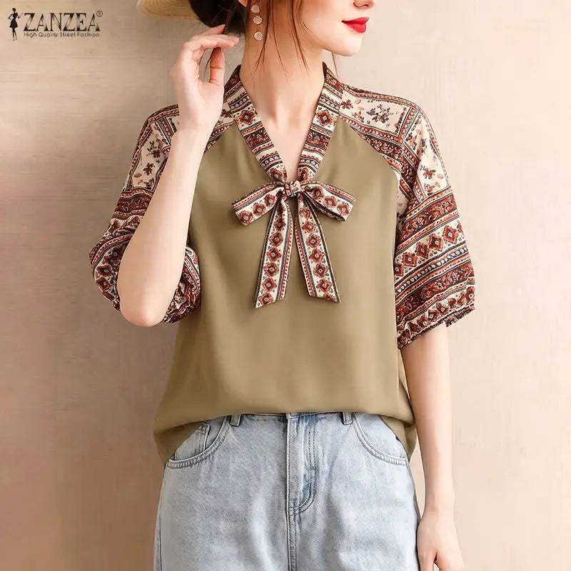 ZANZEA Bohemian Printing Patchwork Blouses Woman Elegant Tie Neck Lantern Sleeves Loose Tops Summer Casual Daily Wear Blusas