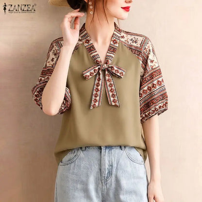 ZANZEA Bohemian Printing Patchwork Blouses Woman Elegant Tie Neck Lantern Sleeves Loose Tops Summer Casual Daily Wear Blusas
