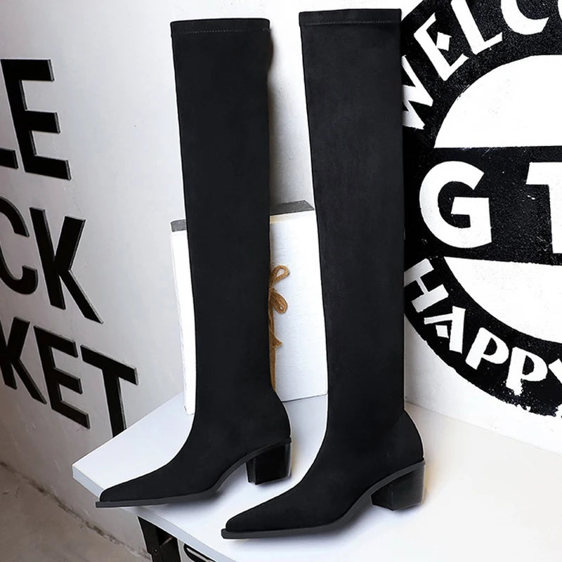 BIGTREE Shoes Slim Fit Over The Knee Boots Women Suede Sexy Long Boots Fashion Winter Boots Thick Heeled Autumn Winter Shoes