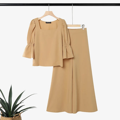ZANZEA Fashion 2PCS Women Square Neck 3/4 Flare Sleeve Blouse Wide Leg Pant Sets Elegant Solid OL Work Outfit 2 Pieces Sets 2026