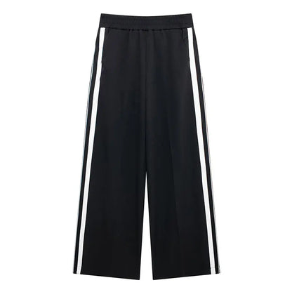 2024 New Women Casual Black Trousers Suits Sports Short Jacket + Female Vinatge Black White Patchwork Baggy Pants Street