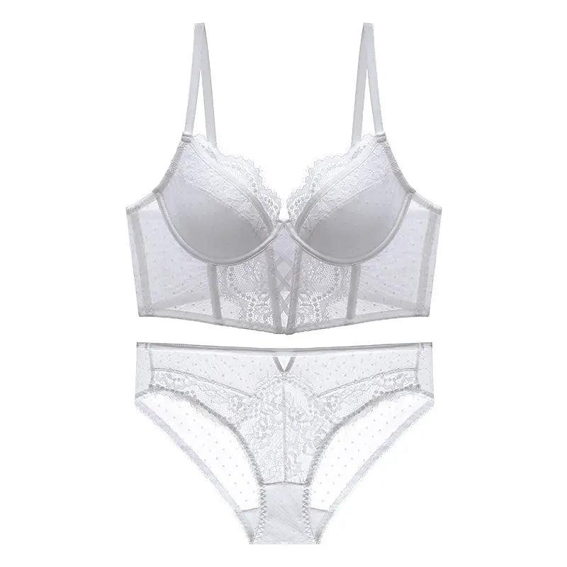 French Lace Push Up Lingerie Set Damen Thin Underwire Bra Sheer Mesh Ruched Chemise Soft Petite Small Bust Ladies S-XL