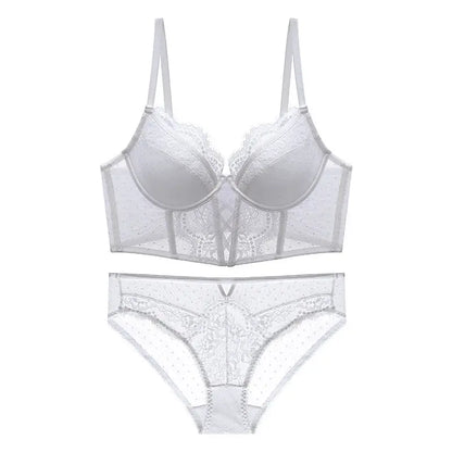 French Lace Push Up Lingerie Set Damen Thin Underwire Bra Sheer Mesh Ruched Chemise Soft Petite Small Bust Ladies S-XL