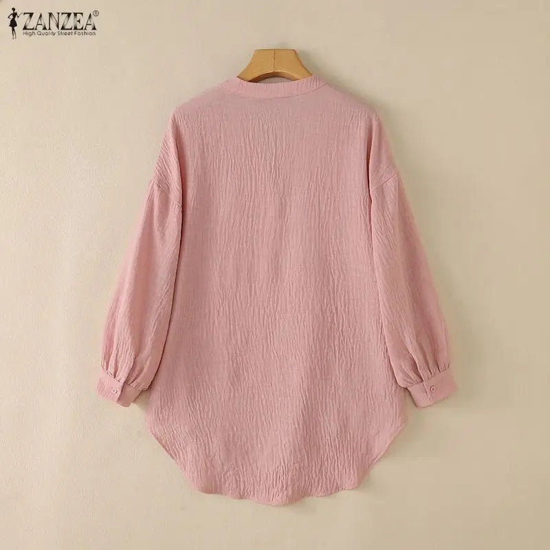 ZANZEA Oversized High-Low Blouses Woman V-Neck Lantern Sleeves Crinkled Fabric Solid Color Tops 2026 Autumn Casual Work Blusas