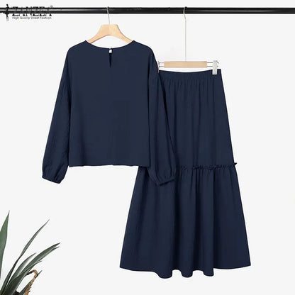 2026 ZANZEA Fashion Women Long Sleeve Tops Dress Suit Muslim 2 Piece Sets Solid Outfits Dubai Hijab Tracksuit A Line Skirt Sets