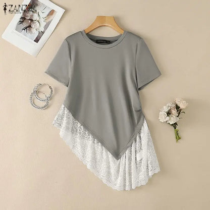 ZANZEA Woman Casual Chic Short Sleeve T-Shirts O-Neck Lace Patchwork Asymmetrical Hem Tops 2026 Summer Fashion Streetwear Tees