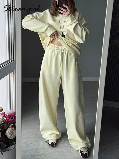 Women Two Piece Sets Pants Outfits Fall Oversize Blue Tracksuits Sweatshirts And Sweatpants Butter Yellow Sets Suits For Women