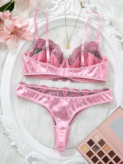 Women Elegant Pink Lingerie Set Mesh Splicing Floral Embroidery Underwear Female Push Up Bra Set Luxury Intimate Sexy Lingerie