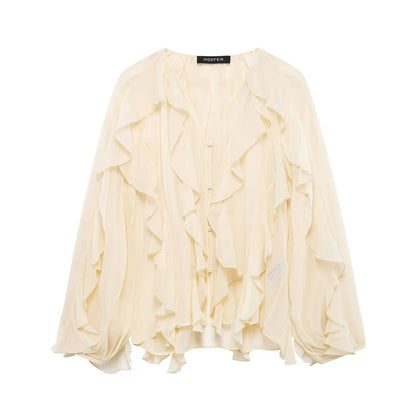 Women's Casual Ruffled Shirt Loose Lace Up Hollow Out V Neck Tops 2025 Spring Blouses Women Clothes