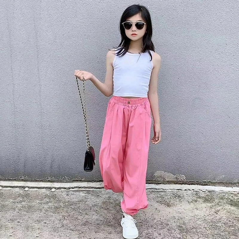 Girls' Lightweight Summer Casual Pants 5-12 Years Loose Stylish Culottes Kids' Jogger Pants Anti Mosquito Ventilated