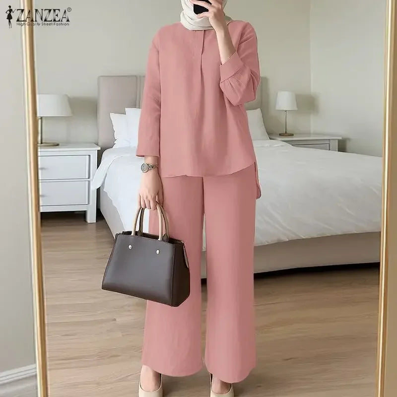 ZANZEA Women 2026 Spring Matching Sets Fahion Long Sleeve Tops Pant Sets Muslim Ramadan Outfits Elegant Solid OL Work Tracksuit