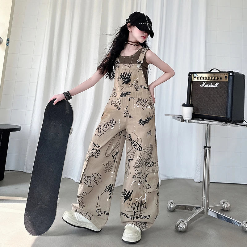 Child Vintage Americana Street Style Overalls Jumpsuit with Drawings for Kids Girl Dungarees Fashion Khaki Suspender Bib Pants