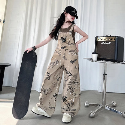 Child Vintage Americana Street Style Overalls Jumpsuit with Drawings for Kids Girl Dungarees Fashion Khaki Suspender Bib Pants