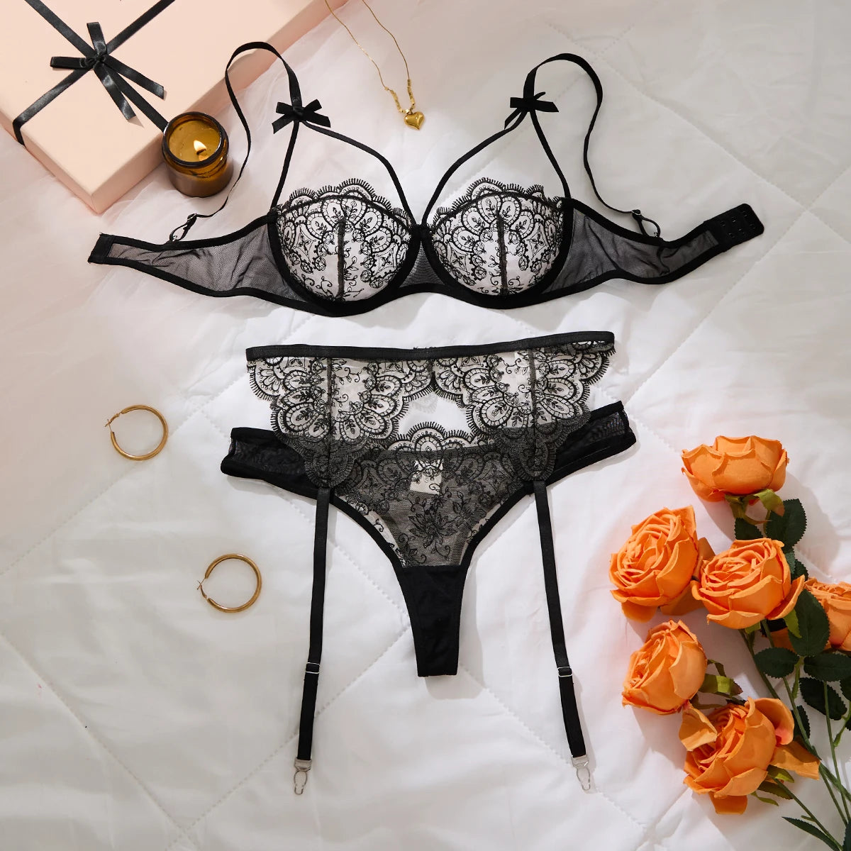 Elegant Black Lace Garter Lingerie Set Floral Embroidery Underwire Bra Sheer Mesh Honeymoon Intimate Sleepwear ZA825205