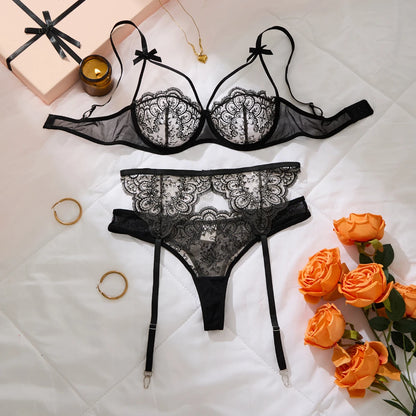Elegant Black Lace Garter Lingerie Set Floral Embroidery Underwire Bra Sheer Mesh Honeymoon Intimate Sleepwear ZA825205