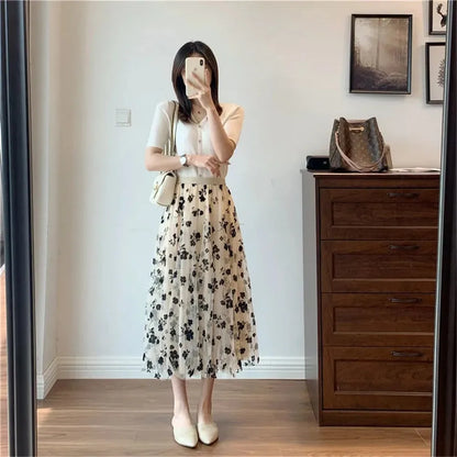 Mesh Floral Skirt Women 2023 Spring Summer Autumn Long Gauze Skirt High Waisted Grace Fashion Puff Skirts Elegant Mujer Printing