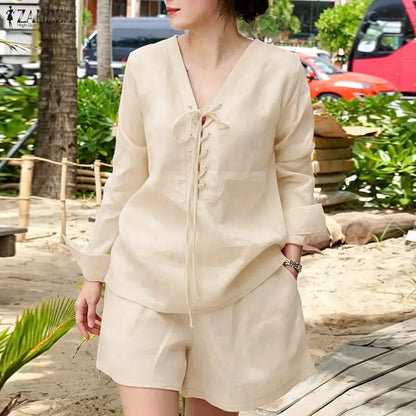 ZANZEA Fashion Women Outfits Holiday 2 Pieces Sets Casual V Neck Long Sleeve Lace-Up Tops Short Sets Solid Color Loose Tracksuit