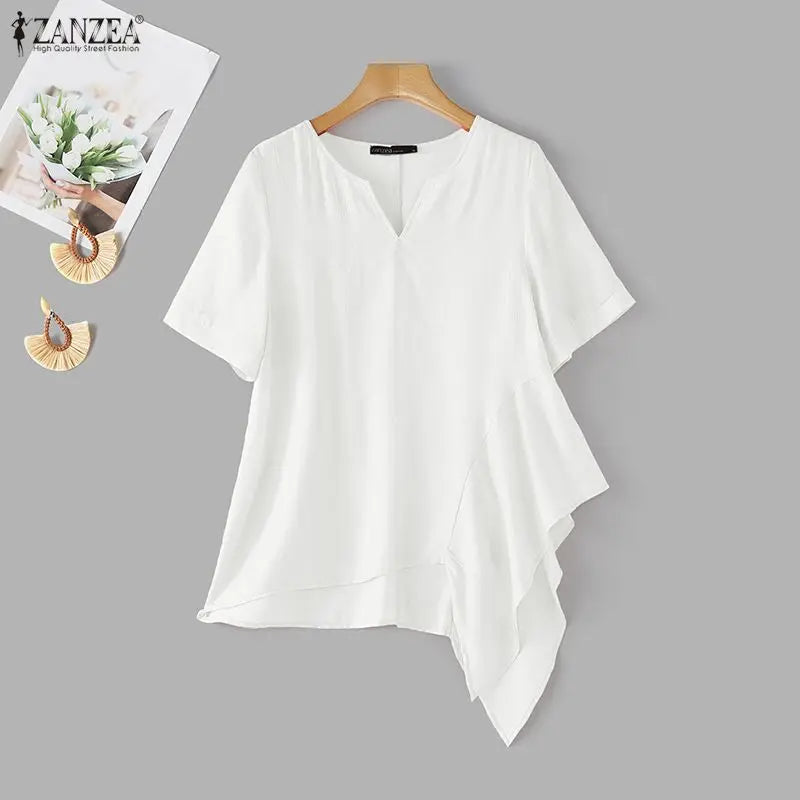 ZANZEA 2026 Woman Crinkled Fabric Asymmetrical Hem Blouses V-Neck Short Sleeve Solid Tops Summer Casual Daily Wear Blusas Mujer