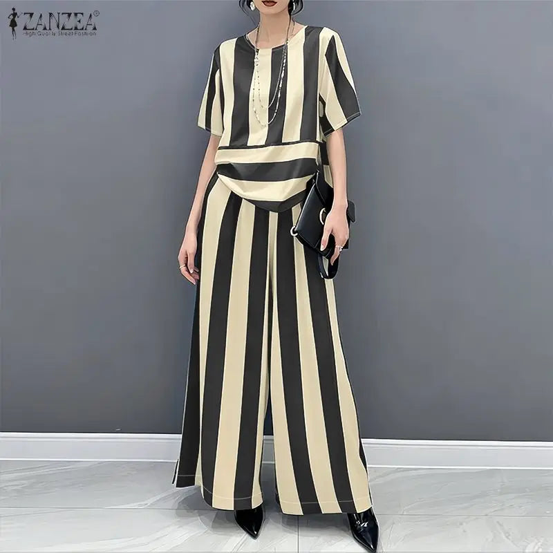 ZANZEA Fashion Short Sleeve Blouse Wide Leg Pant Sets Summer 2 Picece Set Women Striped Outfit Elegant Work Suit Stain Tracksuit