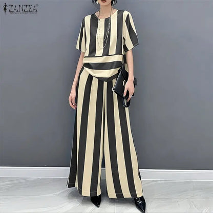 ZANZEA Fashion Short Sleeve Blouse Wide Leg Pant Sets Summer 2 Picece Set Women Striped Outfit Elegant Work Suit Stain Tracksuit