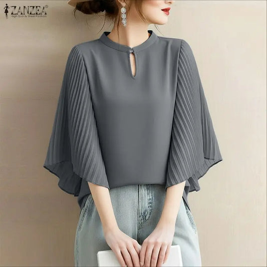 ZANZEA Vintage Accordion Pleats 3/4 Bell Sleeves Blouses Women Keyhole Mandarin Collar Tops Autumn Casual Solid Color Blusas