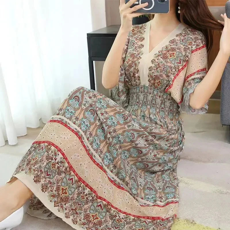 Casual Elegant Retro Bohemian National Style V-neck Elastic  Waist Large Swing Printed Summer Long Skirt Woman Dress Clothes