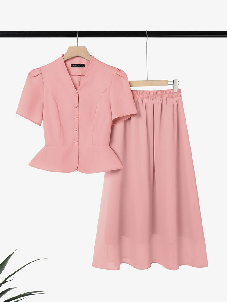 2026 ZANZEA Stylish Office OL Outfits Women Summer 2 Pieces Sets Elegant Short Sleeve Waisted Blouse Dress Sets Solid Skirt Suit