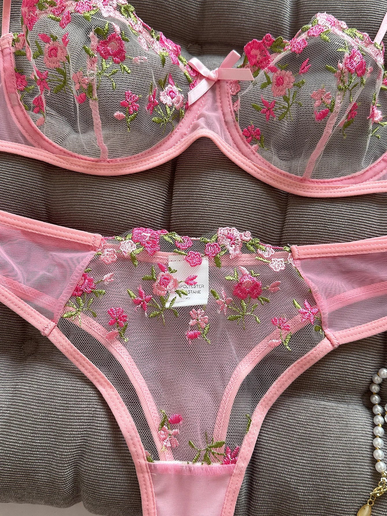 Ladies Pink Embroidered Floral Print Underwear Set Feminine Elegant Small Motif Lace Detail Comfortable Women's Nightgown