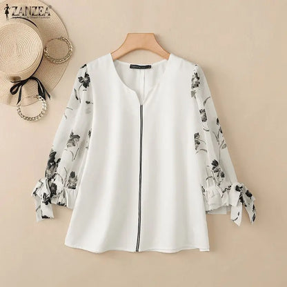 ZANZEA Womens Sophisticated Elegant Blouses Floral Printed 3/4 Puff Sleeve Casual Tops Summer V-Neck Pullover Blusas de Mujer