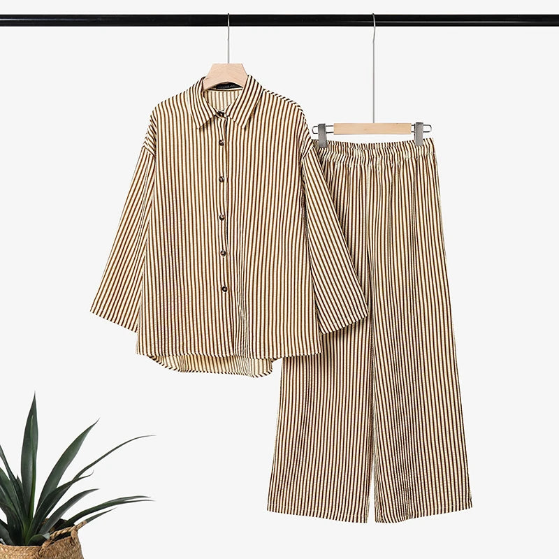 ZNAZEA Fashion Autumn Lapel Neck Long Sleeve Shirt Tops Loose Wide Leg Pant Sets Women Outfits Casual OL Work Tracksuit 2 Pieces