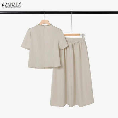 Elegant Summer OL Work Dress Sets 2026 ZANZEA Office Women 2 Piece Sets Short Sleeve Blouse Pleated Skirt Suit Patchwork Outfits