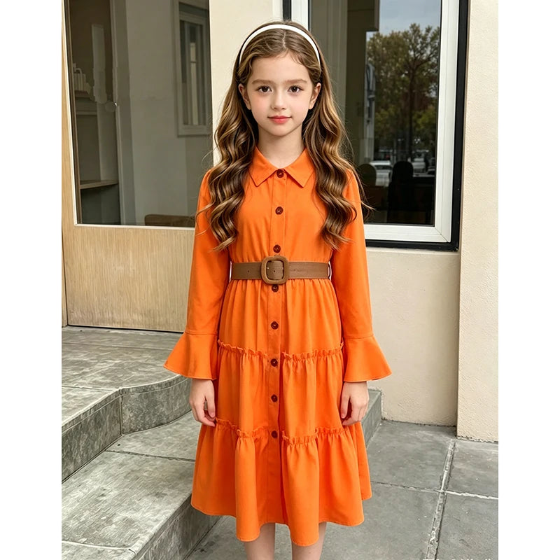 Summer Children Dress Casual Princess Dresses For 8-12 Years Kids Girls Orange Lapel Long-Sleeved Dress With Belt Cute Clothes