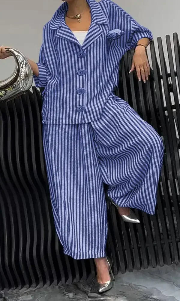 New Women Casual Tracksuits Set Long Sleeve Fashion Striped Blouse and Wide Leg Pants Suit Large Big 5xl Female Two Piece Sets