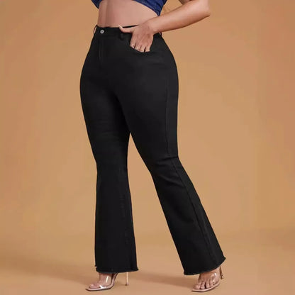 Plus Size Women's Jeans Black High Waist Wide Leg Denim Pants Mid Rise Full Length Bottom Jeans Raw Hem Flared Jeans for Woman