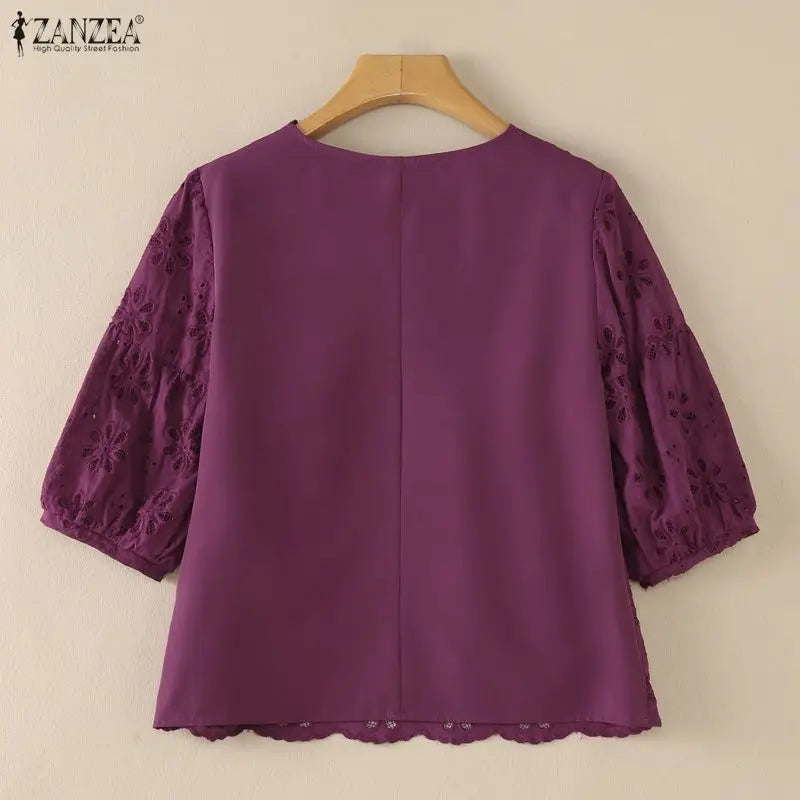 ZANZEA 2026 Eyelet Embroidery Blouses Woman V-Neck Lantern Sleeves Solid Patchwork Tops Summer Casual Vacation Daily Wear Blusas